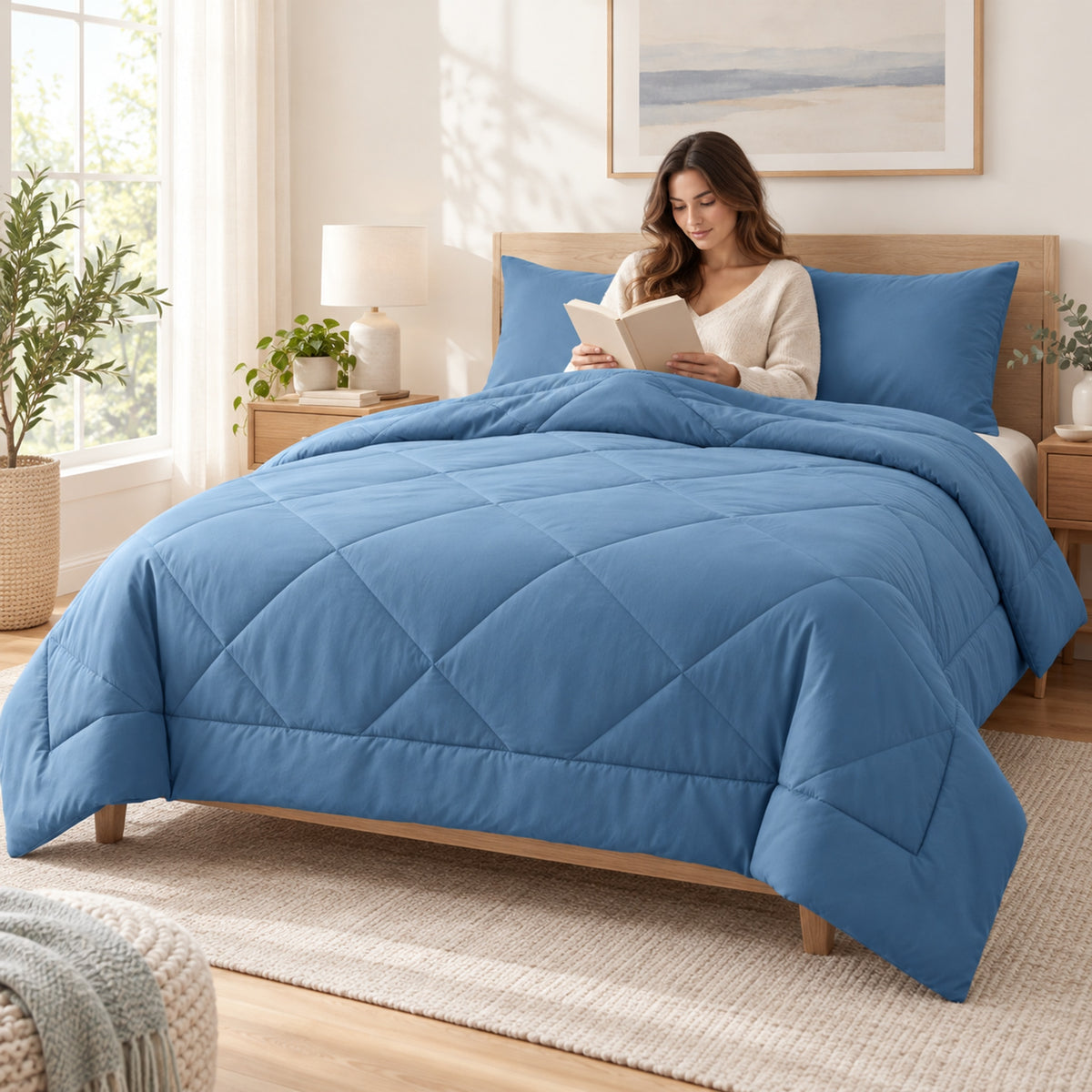 Coastal Blue Nuvlie 2-in-1 duvet in a sunlit bedroom with someone reading in bed