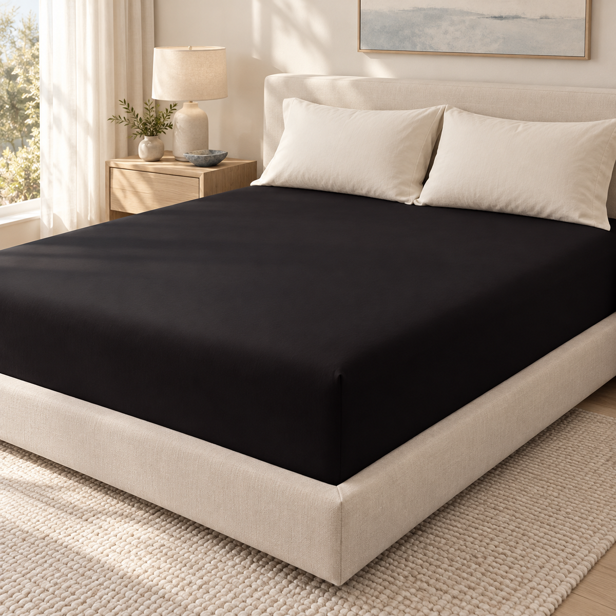Nuvlie Soft-Fit Fitted Sheet in Midnight Black, fitted smoothly around a mattress with ivory pillows.