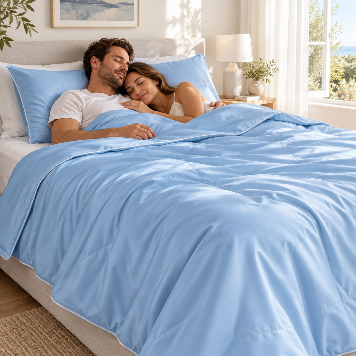 Nuvlie Cooling Summer Duvet in Ice Blue with diamond quilting, with a couple resting on a summer morning.
