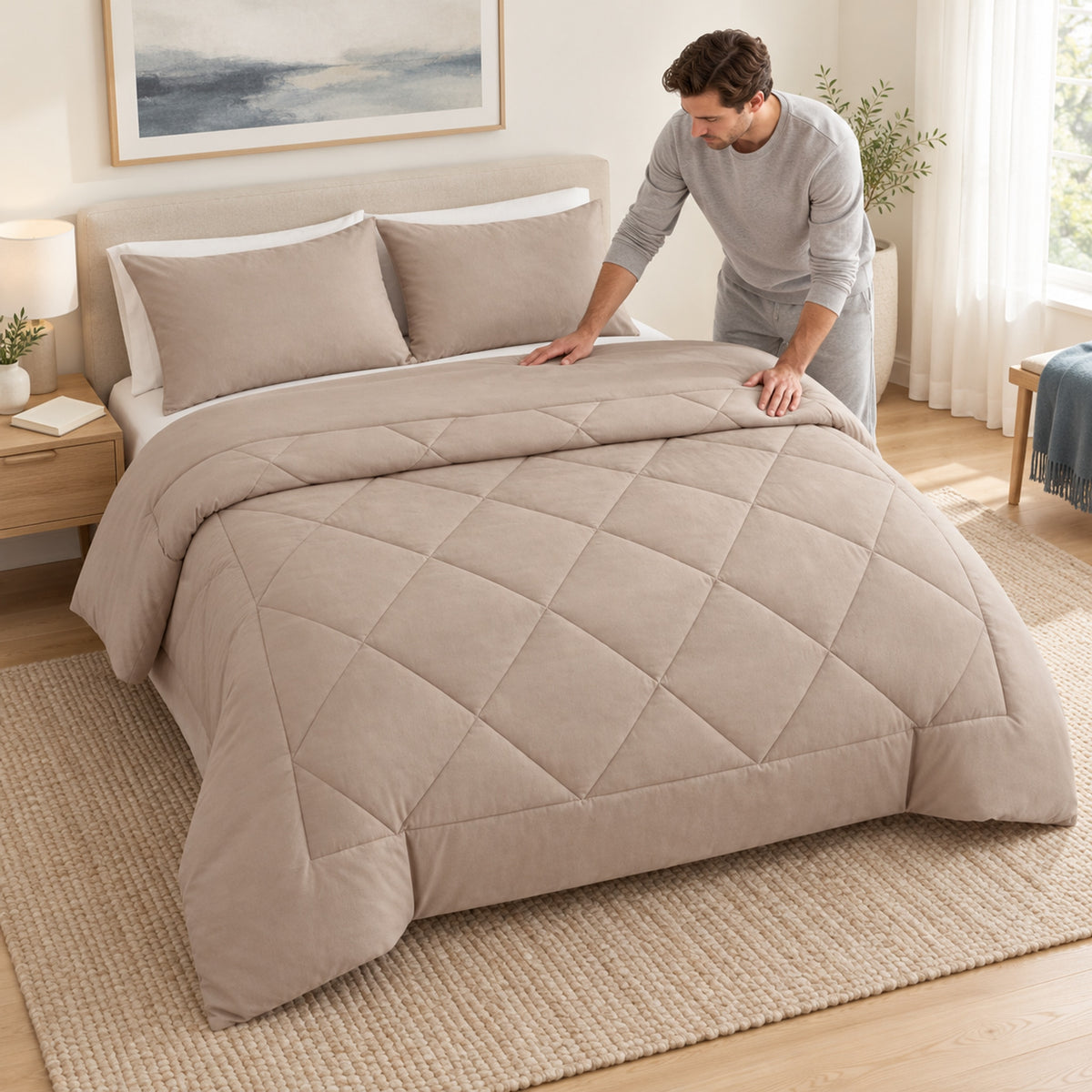 Cream Beige Nuvlie 2-in-1 duvet in a sunlit bedroom with someone making the bed