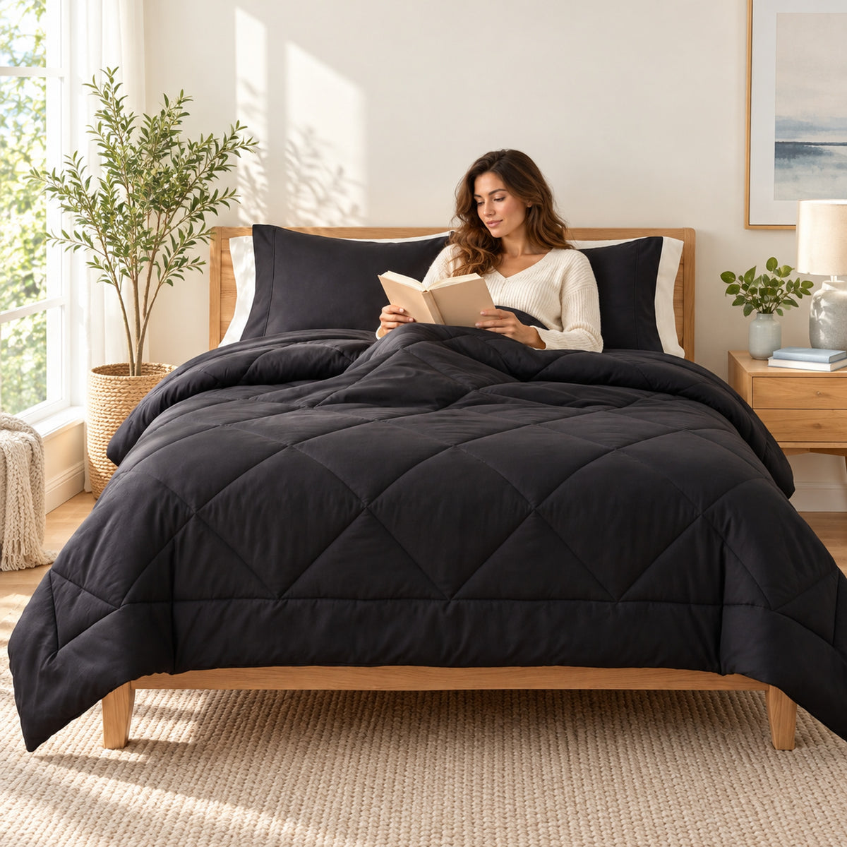 Midnight Black Nuvlie 2-in-1 duvet in a sunlit bedroom with someone reading in bed