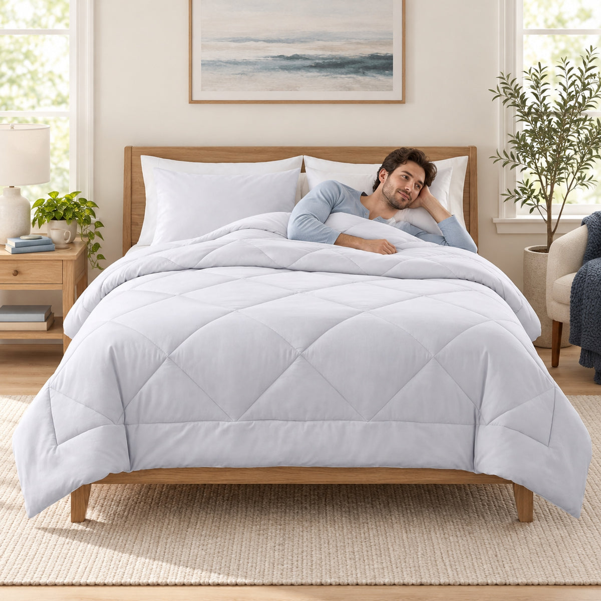 Snow White Nuvlie 2-in-1 duvet in a sunlit bedroom with someone resting in bed