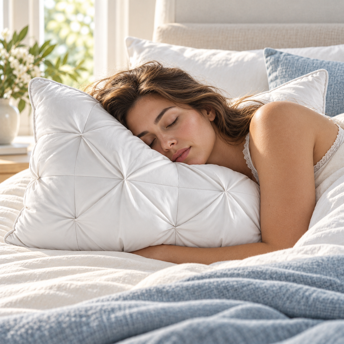 A woman sleeping peacefully with her head resting on the soft white Nuvlie CloudSoft tufted pillow.