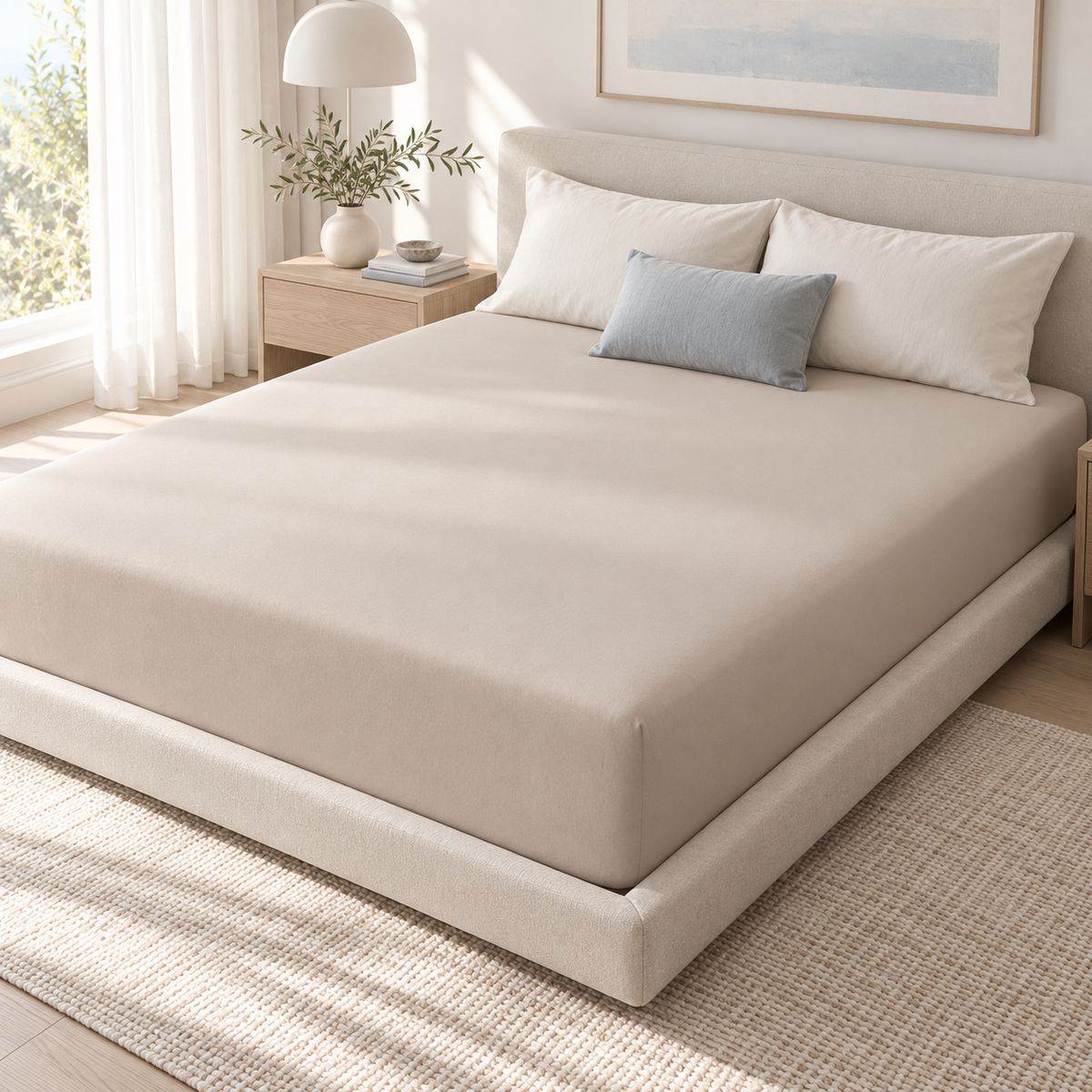 Nuvlie Soft-Fit Fitted Sheet in Cream Beige, stretched smoothly over a mattress on a neatly made bed.