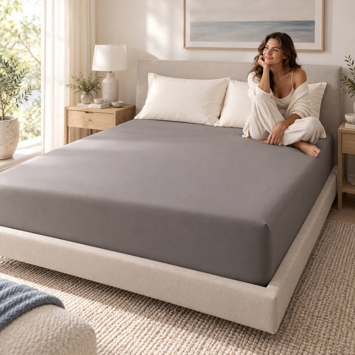 Nuvlie Soft-Fit Fitted Sheet in Moonstone Grey, smooth on a neatly made bed with a woman sitting at the edge.