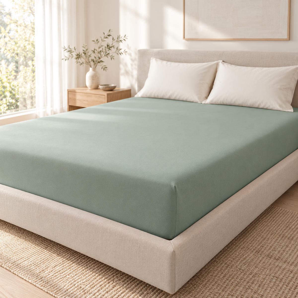 Nuvlie Soft-Fit Fitted Sheet in Soft Mint, stretched smoothly over a mattress in a bright bedroom.